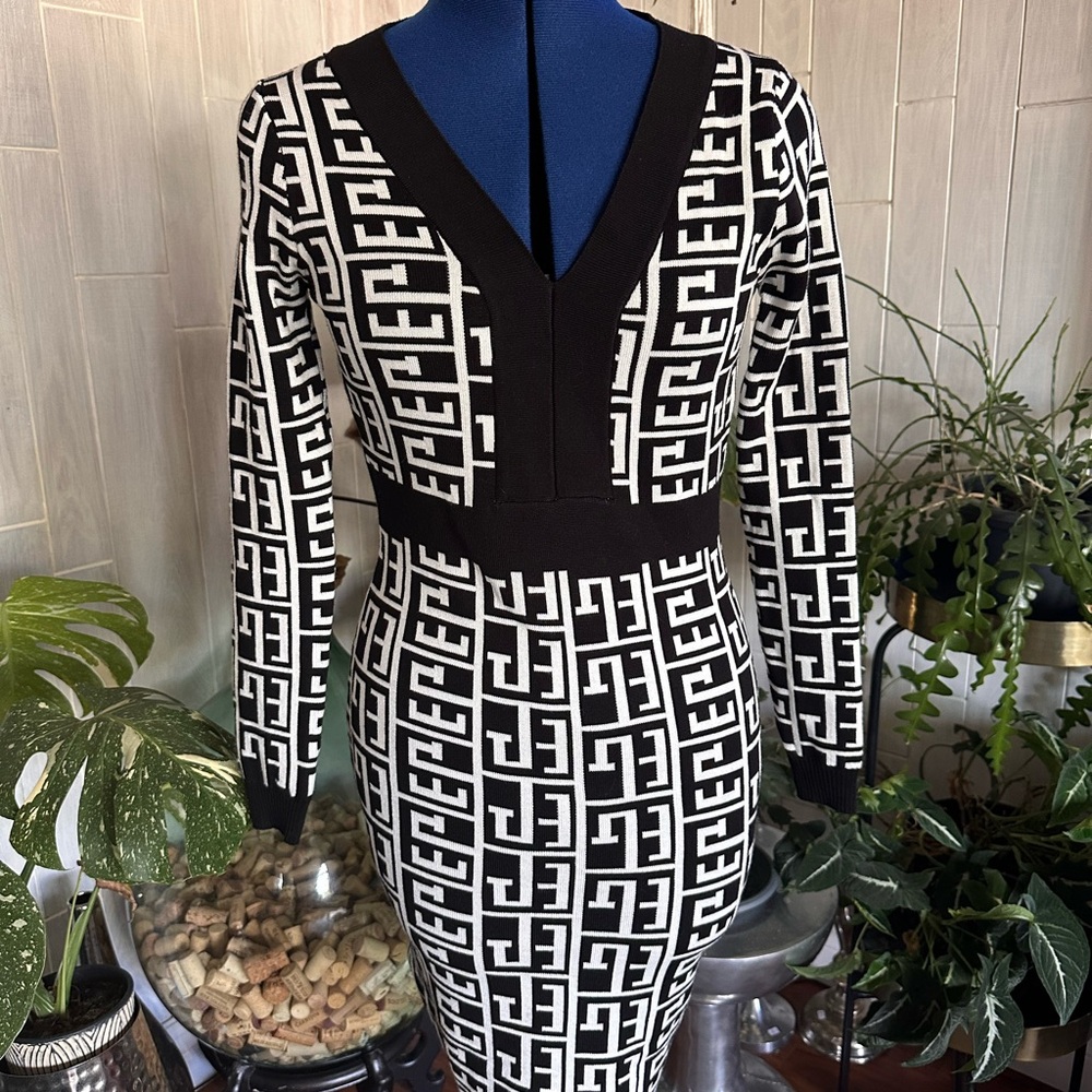 Elegant Black and White Patterned Long Sleeve Dress